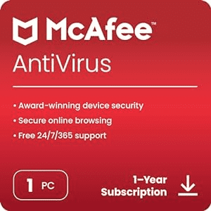 McAfee Anti-Virus - 1 PC, 1 Year (Email Delivery in 2 hours- No CD)