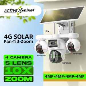Active Pixel 4G 4MP Solar Security Camera Outdoor | 4 Camera Setup with 10X Zoom PTZ Main Lens 360° Pan Tilt | Dual Screen View | SIM Supported No WiFi CCTV | Color Night Vision | AI Motion Detection