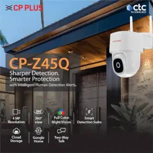 CP PLUS 4MP Quad HD Wi-Fi CCTV Camera for Outdoor | 360° Pan & Tilt | Full-Color Night Vision | CTC Cyber Secure Tech | Smart Detection Suite | View & Talk | OK Google | Cloud Recording | CP-Z45Q