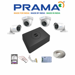 PRAMA 2MP Full IP COLOR WITH AUDIO CCTV kit with 4 Channel NVR + 1 Outdoor & 1 Indoor Cameras + 500 GB HDD + USEWELL Wire/SMPS, and Required Accessories, Motion Detection Black