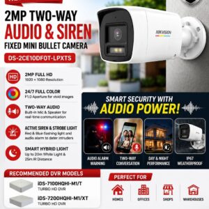 DS-2CE10DF0T-LPXTS 2MP Two Way Audio & Siren Fixed Mini Bullet Camera